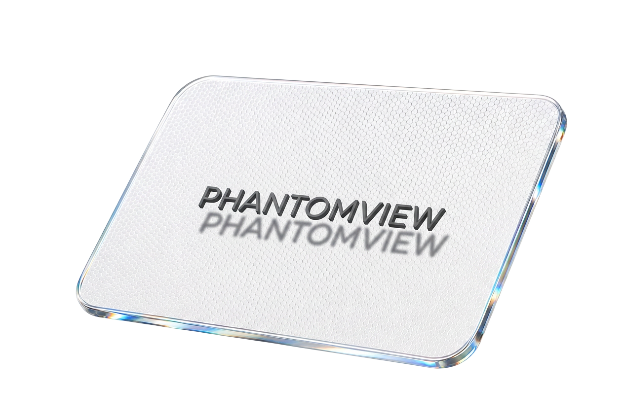 Phantomview optical glass substrate with the wordmark levitating in mid-air above the microlens surface, casting a soft shadow